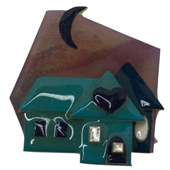 Lucinda House Pin Brooch Teal House Heart Crescent Moon No Tag Vintage 90's - Picture 1 of 4